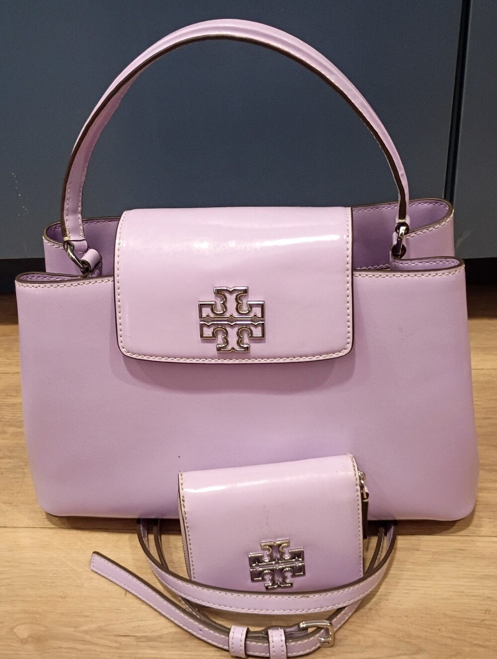 Tory Burch Britten Patent Leather Satchel - Lavender (WITH FREE MATCHING WALLET)